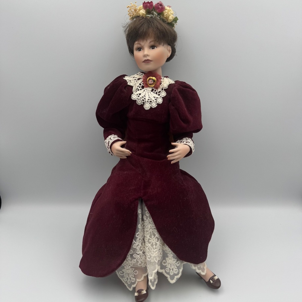 Vintage Porcelain Doll Victorian Burgundy Velvet Dress Floral Hairpiece W Chair
